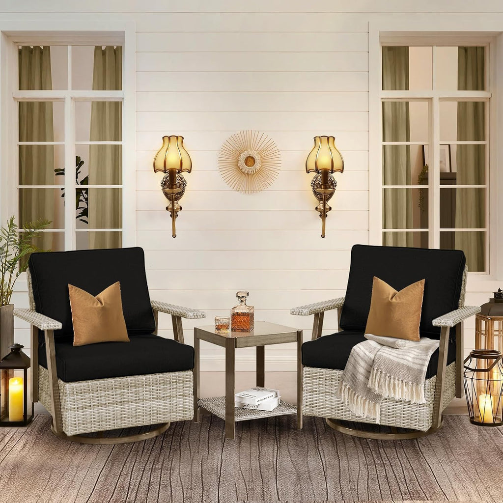3 Pieces Outdoor Patio Furniture Set with Swivel Rocking, PE Wicker Outdoor Swivel Chairs Set of 2 with Side Table, Oversized Patio Rocking Chairs Set for Porch, Balcony, Deck, Backyard(Black)