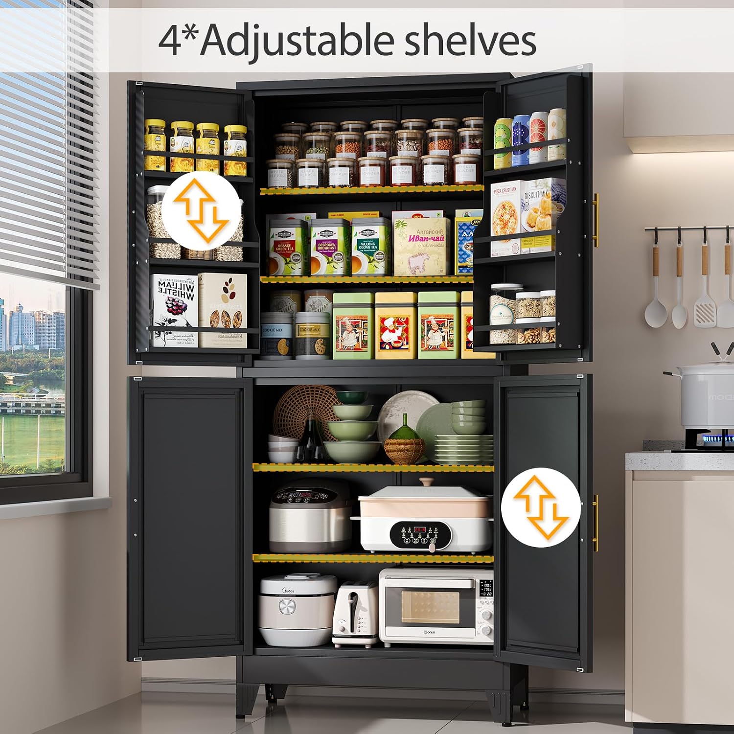 Black Pantry Storage Cabinet, 75' Kitchen Pantry with Doors and 3 Adjustable Shelves, Metal Freestanding Buffet Cupboards Sideboard, for Office, Home, Garage, School