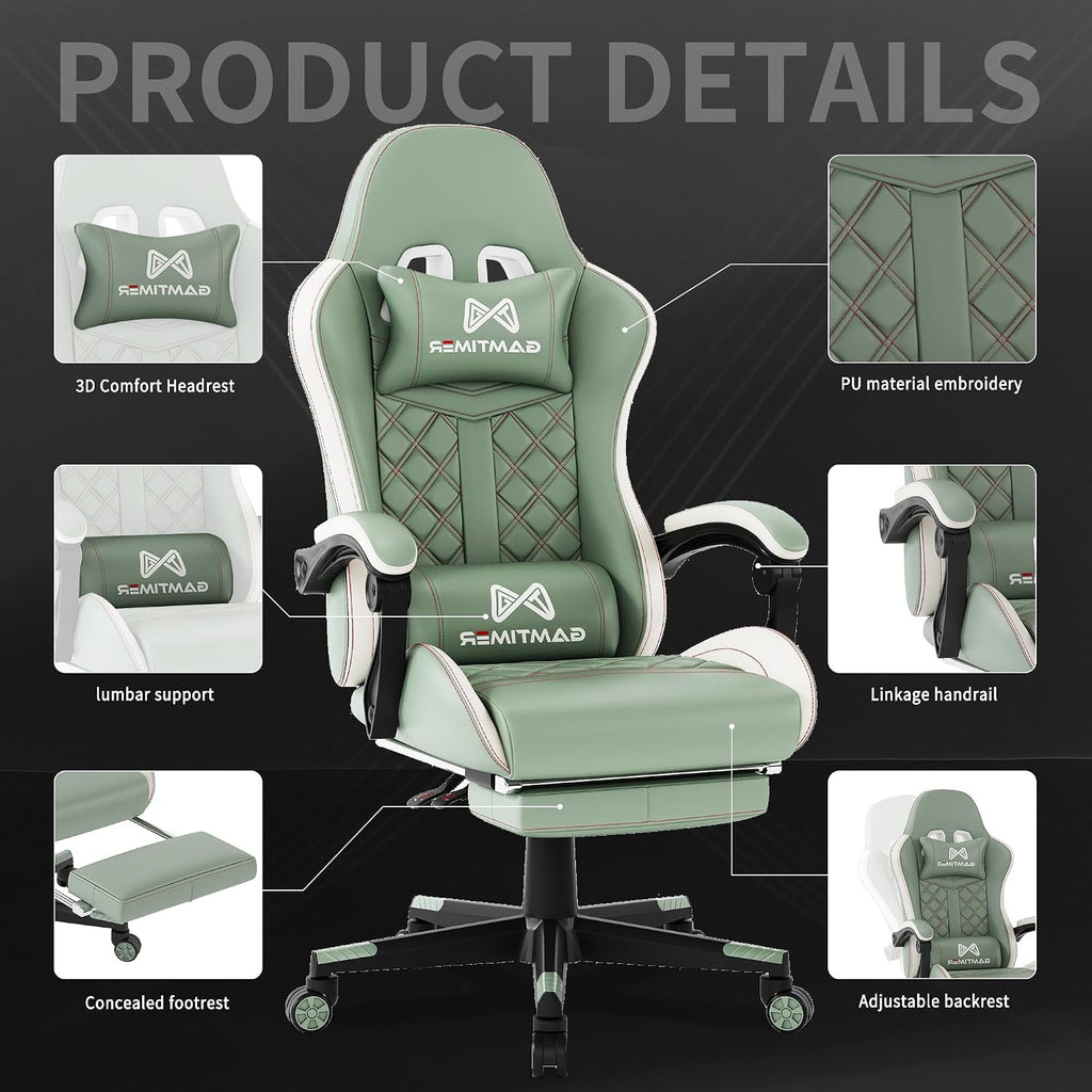 Gamtimer Gaming Chair, 400 lbs Adult Chair, High Back Computer Chair with Footrest and Linked Armrests, Office Video Game Chair with Lumbar Support (Green)