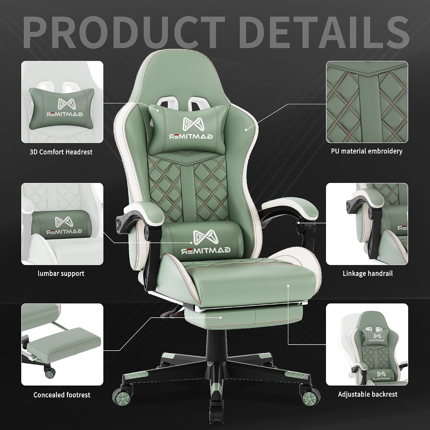 Gamtimer Gaming Chair, 400 lbs Adult Chair, High Back Computer Chair with Footrest and Linked Armrests, Office Video Game Chair with Lumbar Support (Green)
