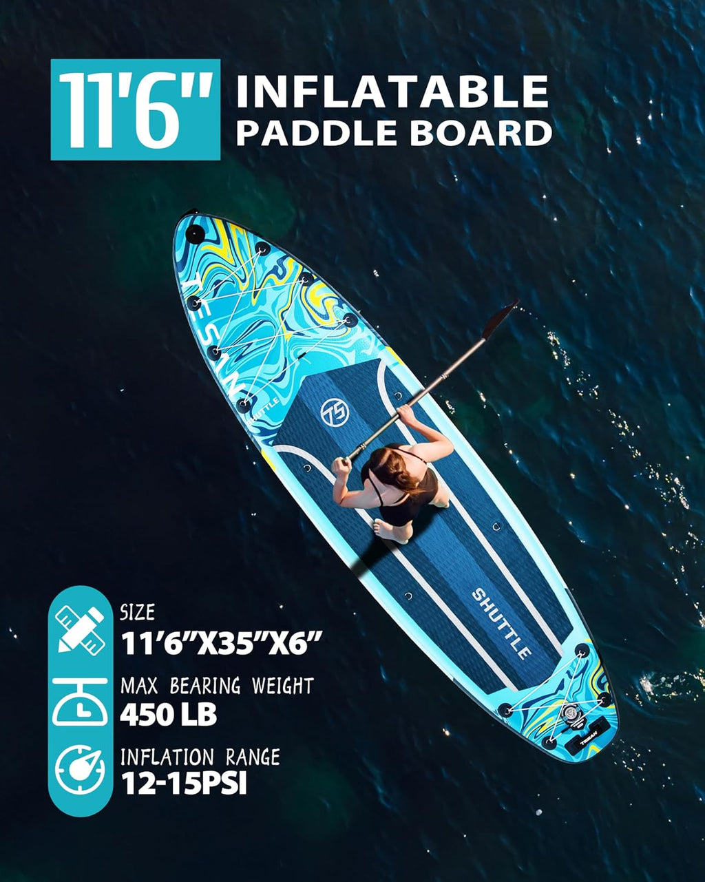 11'6x35'' Extra Wide Inflatable Paddle Board,All-Round Ultra Stable Stand Up Paddleboards with Plus Kits for 450lb,Dual Bungees, Camera Mount, 100L Backpack, Dual-Action Pump