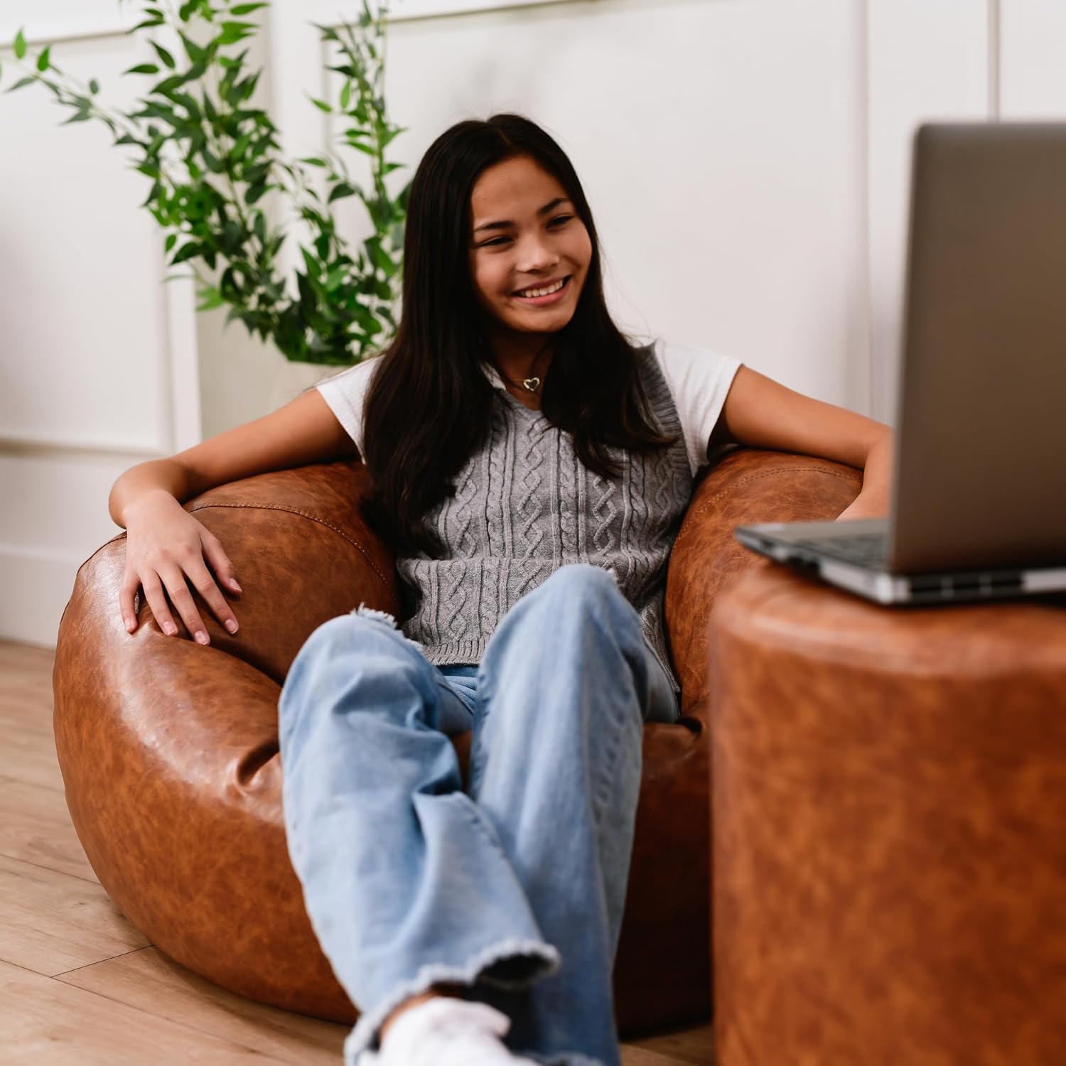 Factory Direct Partners 35' Rustic Western Bean Bag Chair Distressed Faux Leather, Low to Ground for Reading, Playing Video Games and Relaxing Flex Seating for Home and School - Hazelnut, 10478-322
