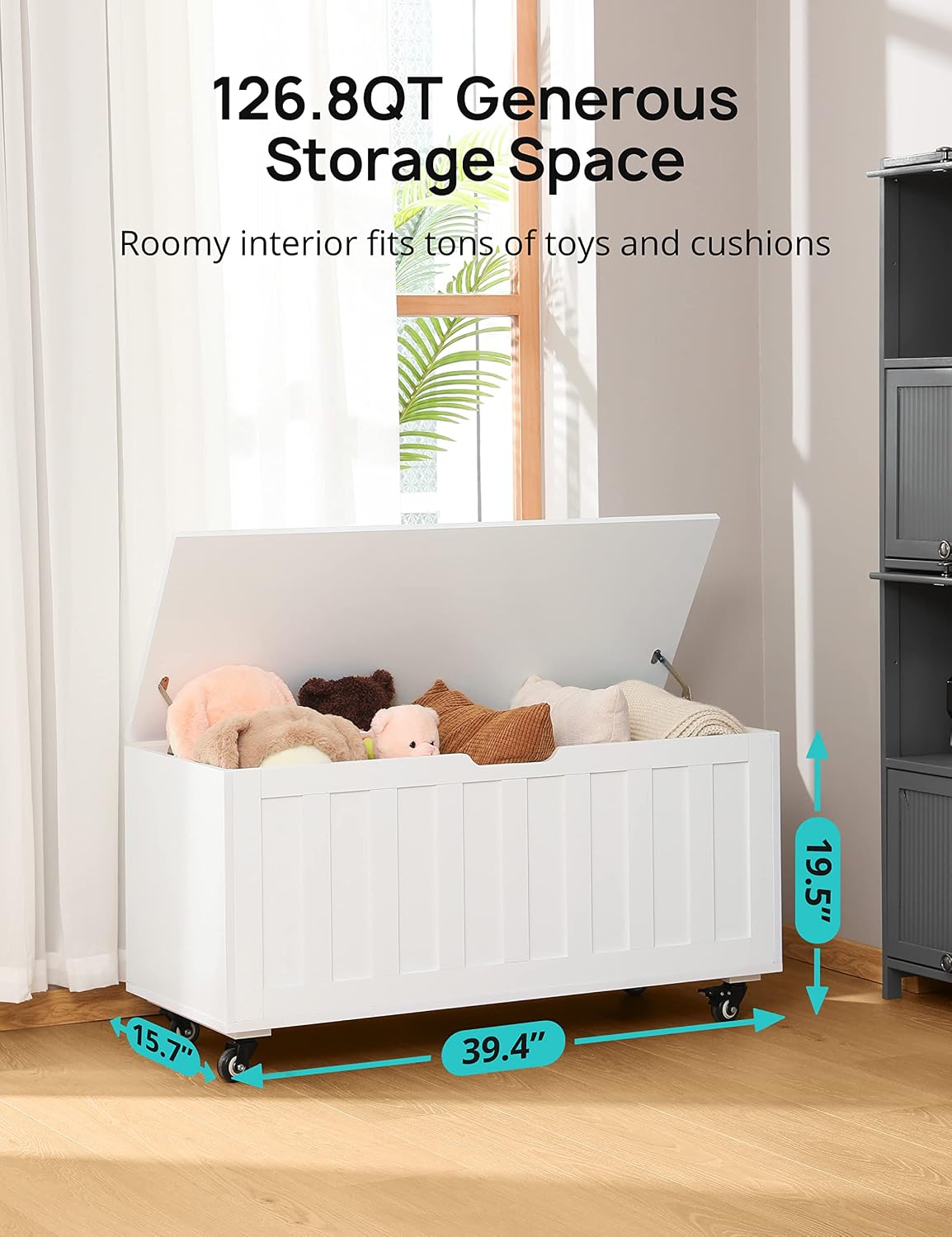 HYZ Storage Chest, 39.4'' Wooden Storage Bench with 4 Wheels & 2 Safety Hinges, Retro Toy Box Support 300 lbs for Bedroom, Living Room, Easy Assembly, White
