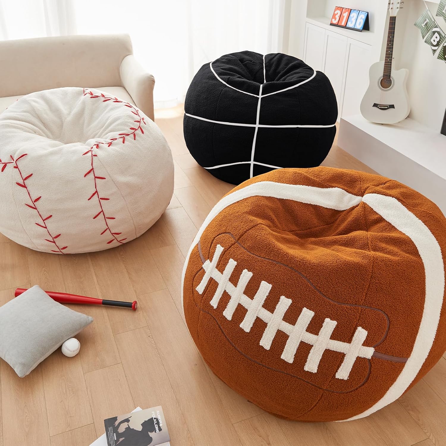 Sports Black Basketball Bean Bag Chair - Giant Bean Bag Chairs for Adults and Kids - Oversized Bean Bag Sofa Couch with Filler - Plush BeanBag Furniture for Living Room Bedroom Dorm Office - 44 Inch