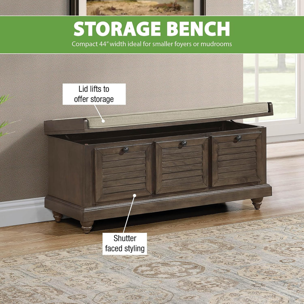 OSP Home Furnishings Dover Coastal Lift-Top Storage Bench with Shutter Face Styling, Dark Walnut Finish with Beige Fabric Cushion