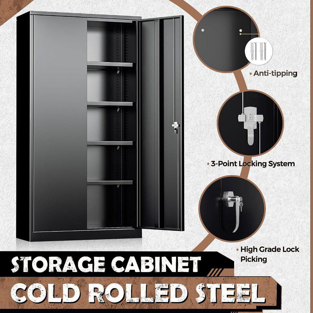 INTERGRAET Metal Storage Cabinet with Adjustable Shelves, Garage Storage Cabinets with Doors and Shelves, File Cabinets for Home Office, Kitchen Pantry Cabinet, 72''H, Black