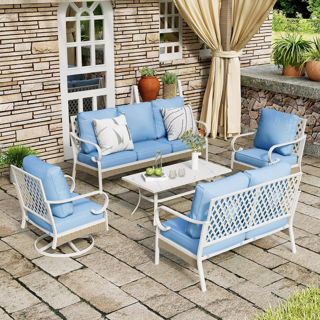 5 Piece Metal Patio Furniture Set, 7-Seat All Weather Outdoor Conversation Set with 3-Seat Sofa & 2 Swivel Chairs & Love Seat, Outdoor Sofa Set for Backyard, Deck, Garden, White/Blue