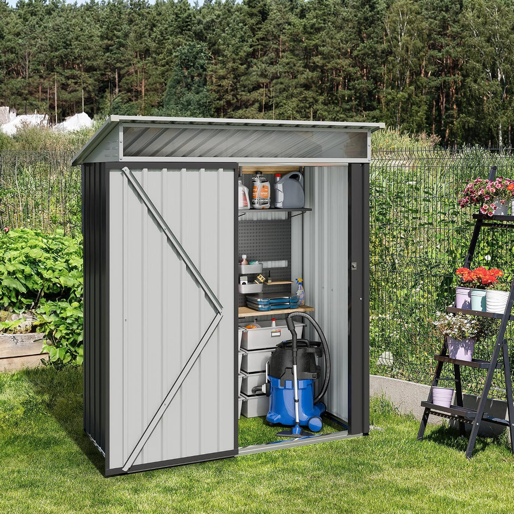 JY QAQA 5x3 FT Outdoor Garden Storage Shed, Waterproof Metal Garden Sheds with Window and Lockable Double Door, Weather Resistant Steel Tool Storage House Shed for Patio, Lawn Dark Gray
