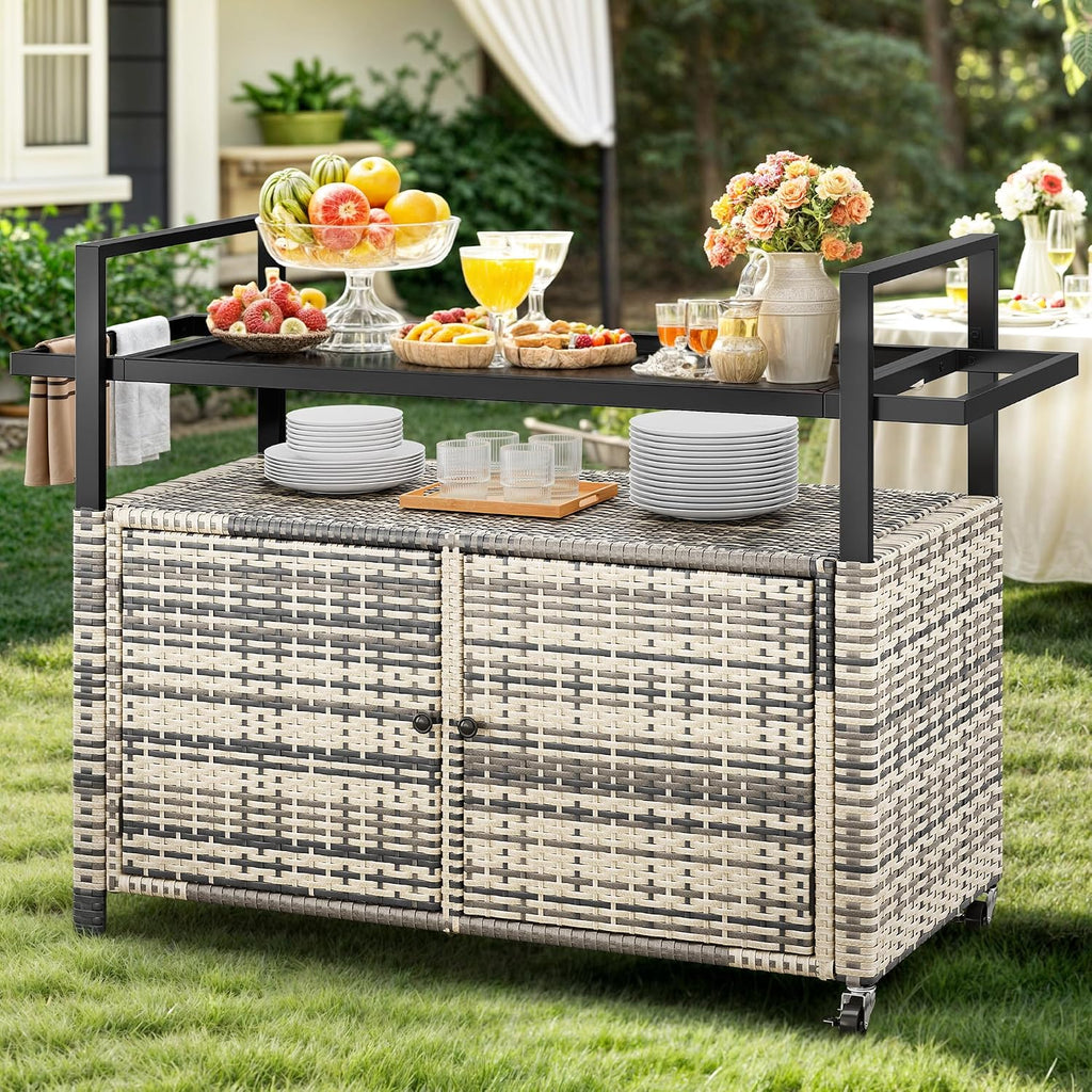 YITAHOME XL Outdoor Storage Cabinet, Outdoor Storage Cart with Wheels and Black Glass Table Top for Patio, Outdoor Cabinet for Poolside and Backyard (Gray Gradient)