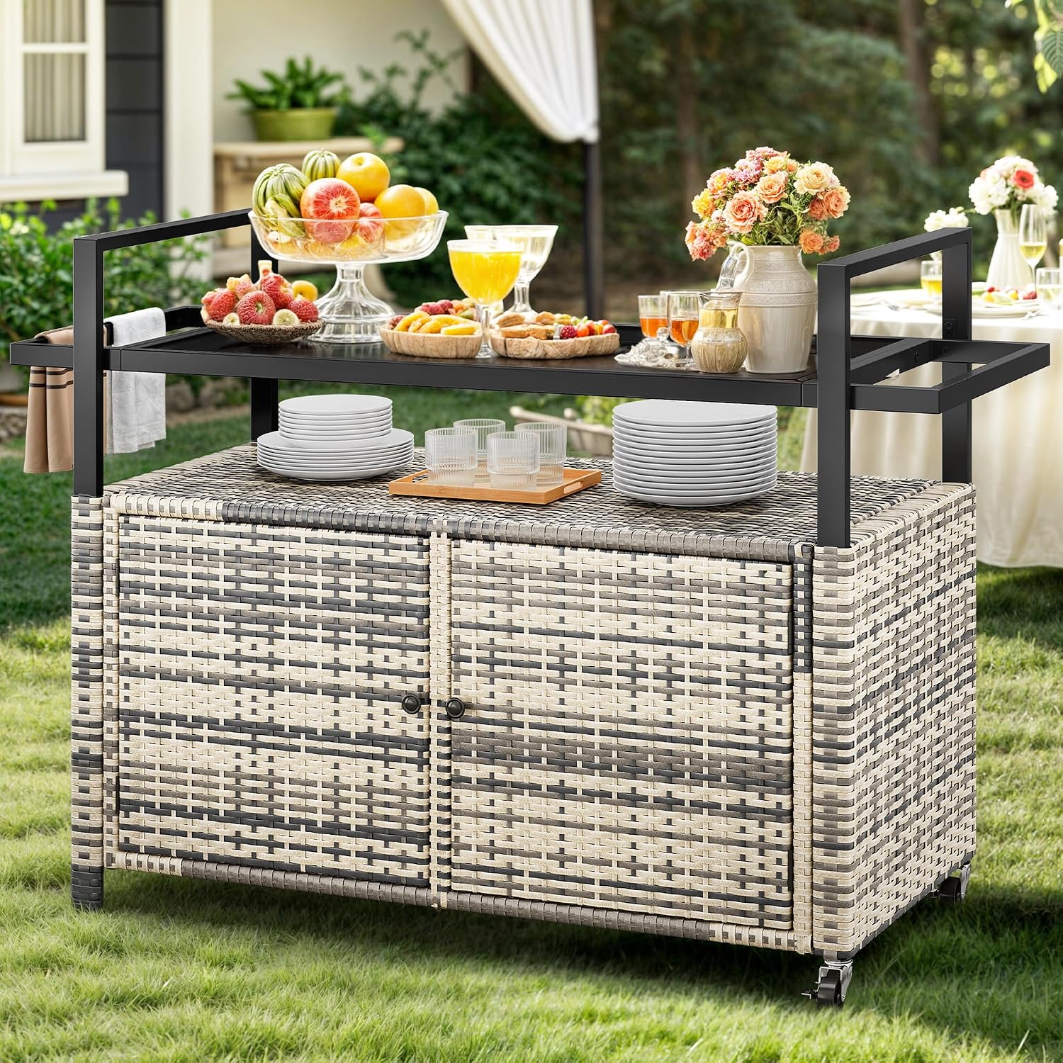 YITAHOME XL Outdoor Storage Cabinet, Outdoor Storage Cart with Wheels and Black Glass Table Top for Patio, Outdoor Cabinet for Poolside and Backyard (Gray Gradient)
