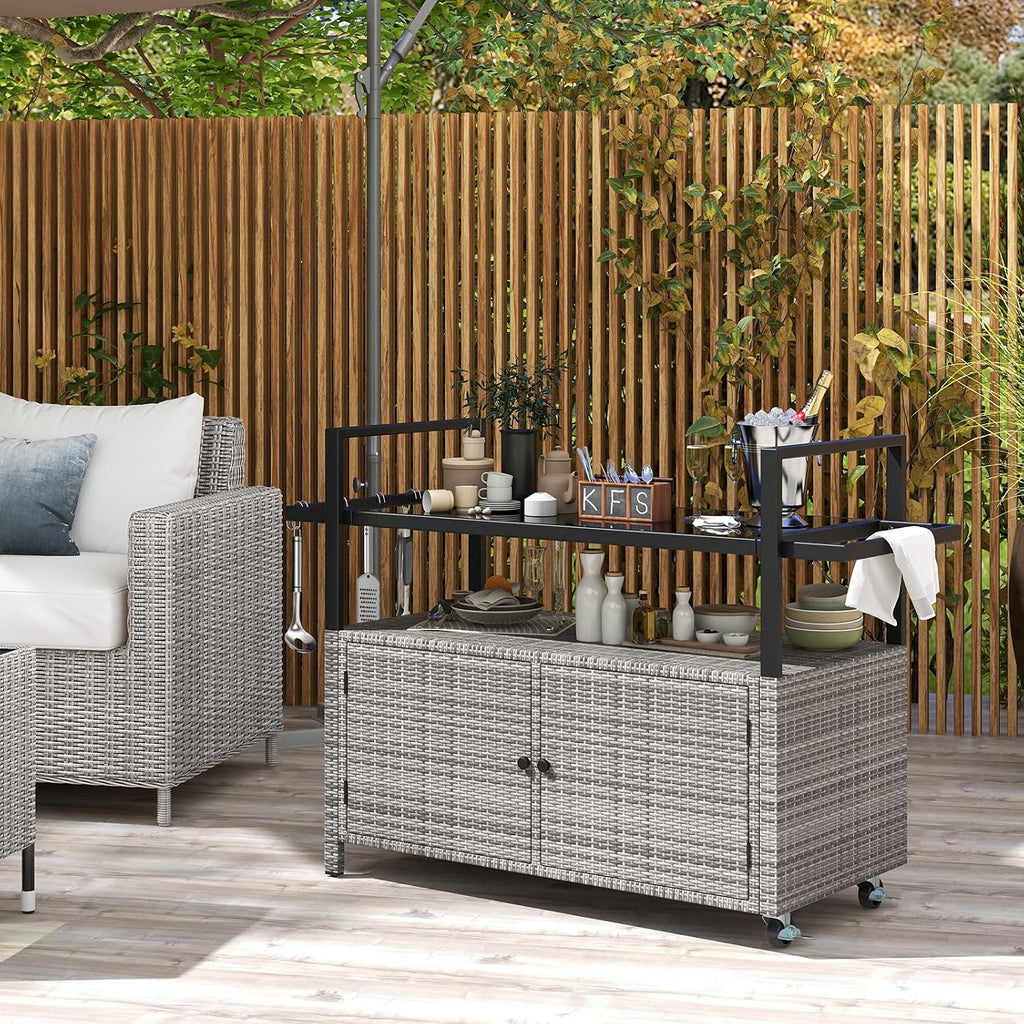 Tangkula Outdoor Bar Cart, Patiojoy Rolling Wicker Buffet Serving Cart with Tempered Glass Top, Storage Cabinet & 8 Hooks, Kitchen Island Cart on Wheels for Porch Backyard Garden Poolside (Mix Grey)