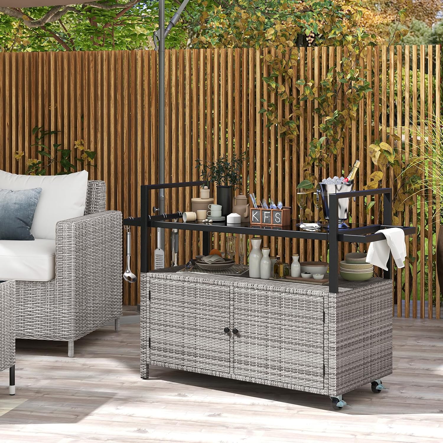 Tangkula Outdoor Bar Cart, Patiojoy Rolling Wicker Buffet Serving Cart with Tempered Glass Top, Storage Cabinet & 8 Hooks, Kitchen Island Cart on Wheels for Porch Backyard Garden Poolside (Mix Grey)