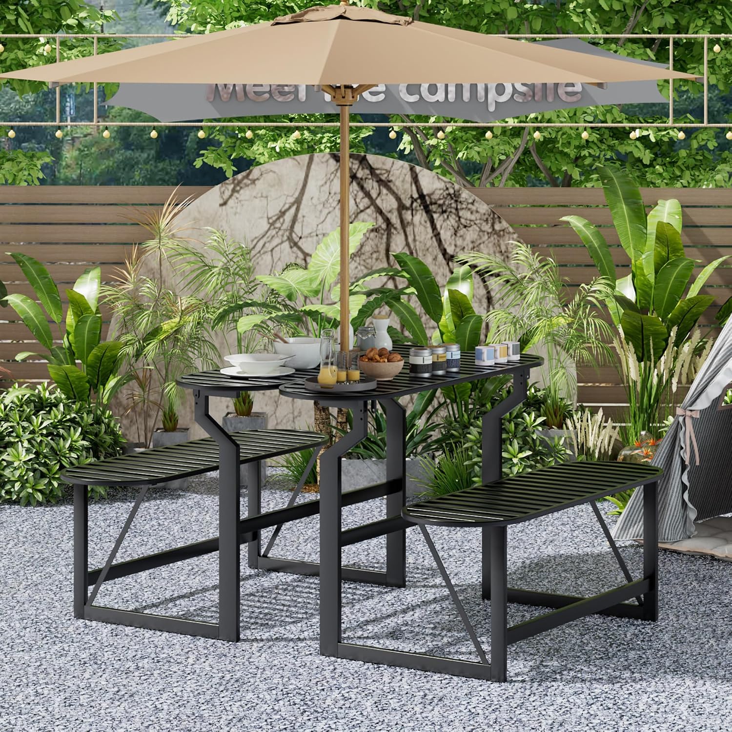 Convertible Bench, 2 in 1 Carbon Steel Picnic Table, Transforming Interchangeable Outdoor Table with Umbrella Hole, for Outside Patio Porch Backyard Park Garden 2 Pack Black Bench