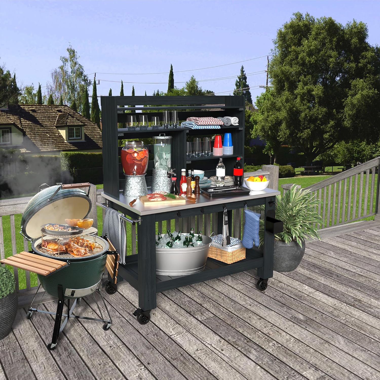 GDLF Potting Bench Table Large Outdoor Kitchen Island Prep Station with Stainless Steel Top Waterproof Cover, Hardwood, 66.9' H