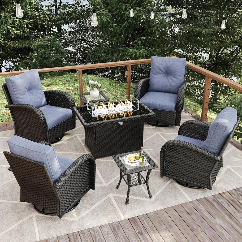7 Pieces Patio Furniture Sets with Fire Pit Table, Wicker Rattan High Back Outdoor Swivel Rocking Chairs Set with Side Table
