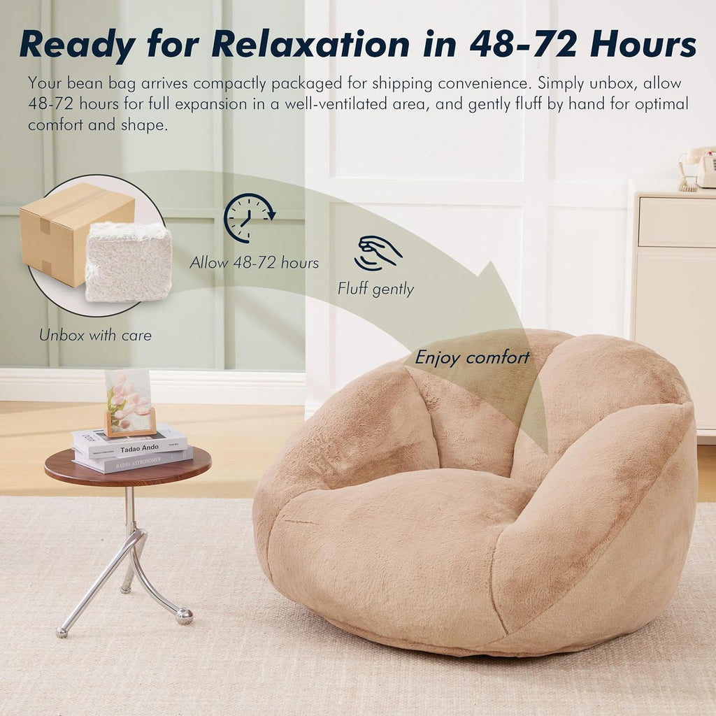 3.28 Feet Bean Bag Chair for Adults, Shell-Shaped Bean Bag Lazy Couch, Faux Fur Cloud Sofa Chair, Lounge Floor Sofa with Filler for Reading, Gaming & Watching, No Assembly Required (Camel)