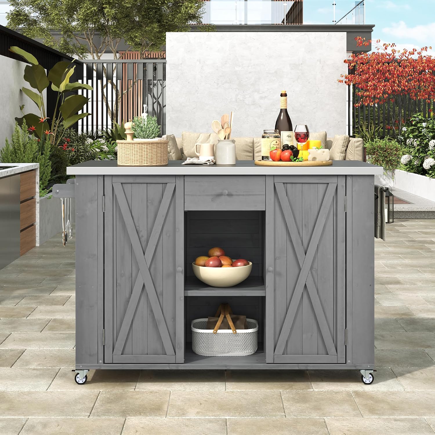 Merax XL Outdoor Table with Stainless Steel Top for Kitchen Prep and Storage Cabinet for Grilling Accessories, Outdoor Kitchen Island Grill Cart with Towel and Spice Racks & a Bottle Opener, Grey