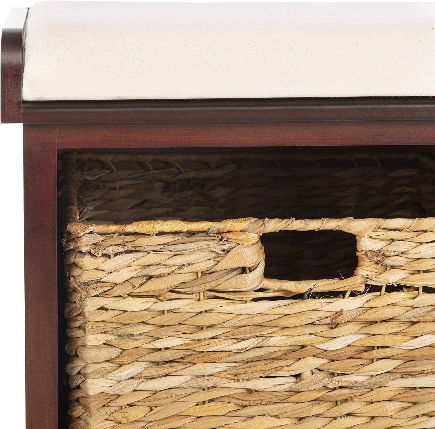 SAFAVIEH Home Collection – Freddy Cherry Storage Bench with Wicker Baskets & Cushion, Entryway Seating Bench, Fully Assembled (AMH5736E)