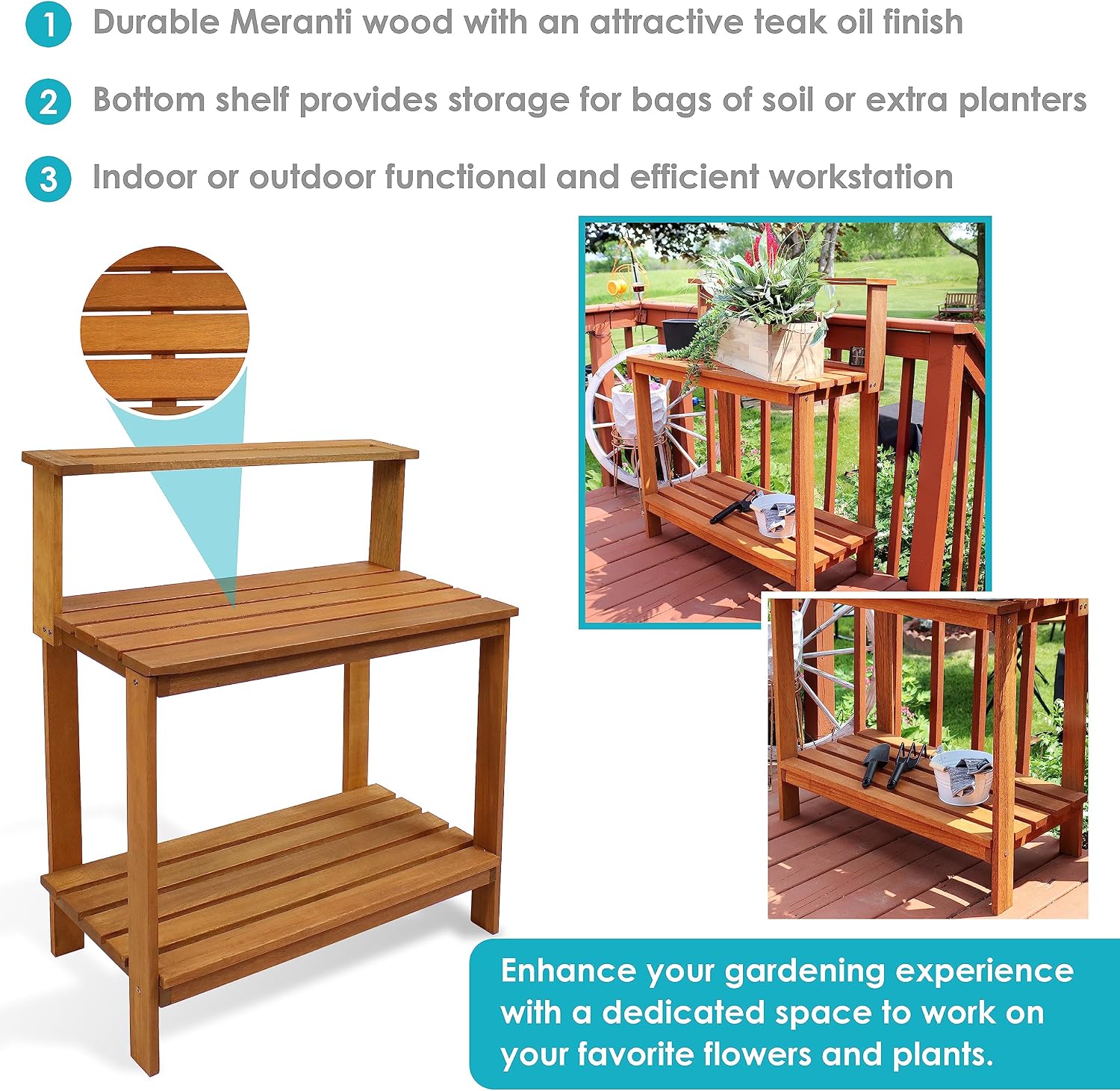Sunnydaze 42-Inch Meranti Wood Outdoor Potting Bench with Storage Shelf - Teak Oil Finish