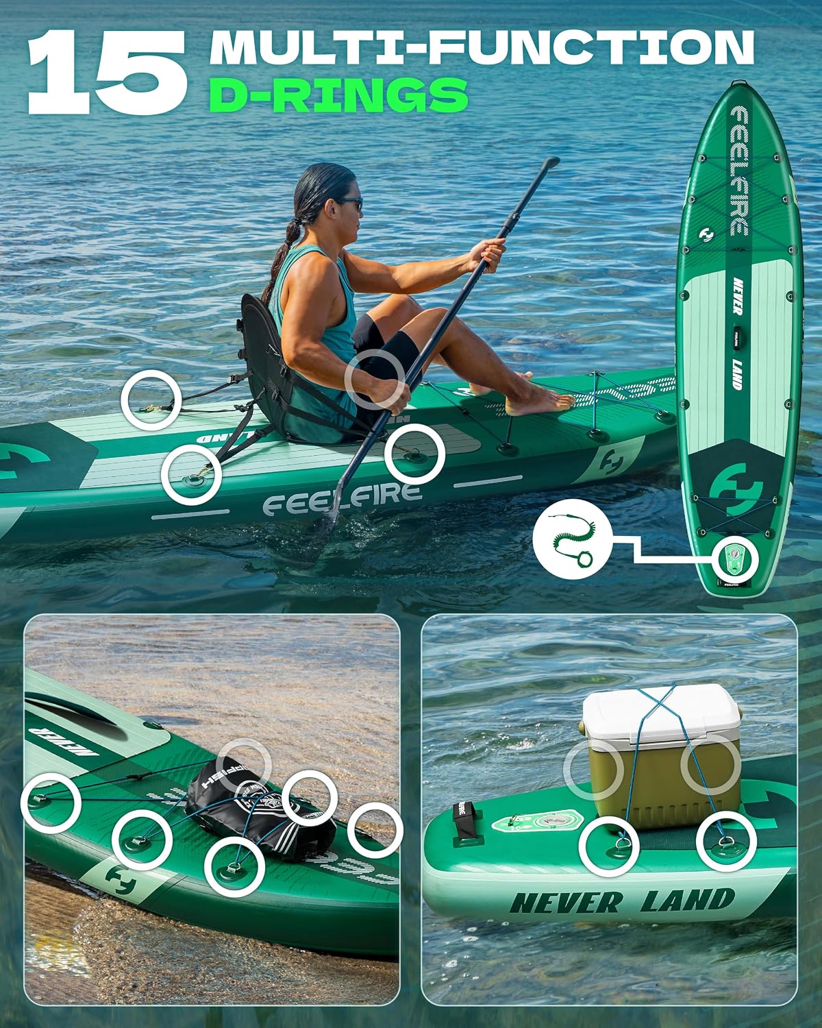 Feelfire11'x34' Extra Wide Inflatable Paddleboard, Stand-up Paddle Board for Adults, 420lb Capacity for Yoga/Fishing/Family, EVA Deck, US Fin, High-Pressure Pump, Storage Backpack, Safety Leash