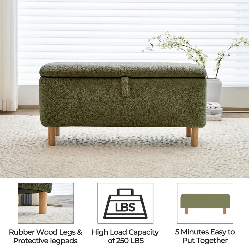 Boucle Storage Ottoman Bench for Bedroom end of Bed, Sherpa Upholstered Shoe Seat Storage Bench for Entryway Bed Foot, Rectangle Cushion Padded Blanket Chest Cute for Living Room, Blackish Green