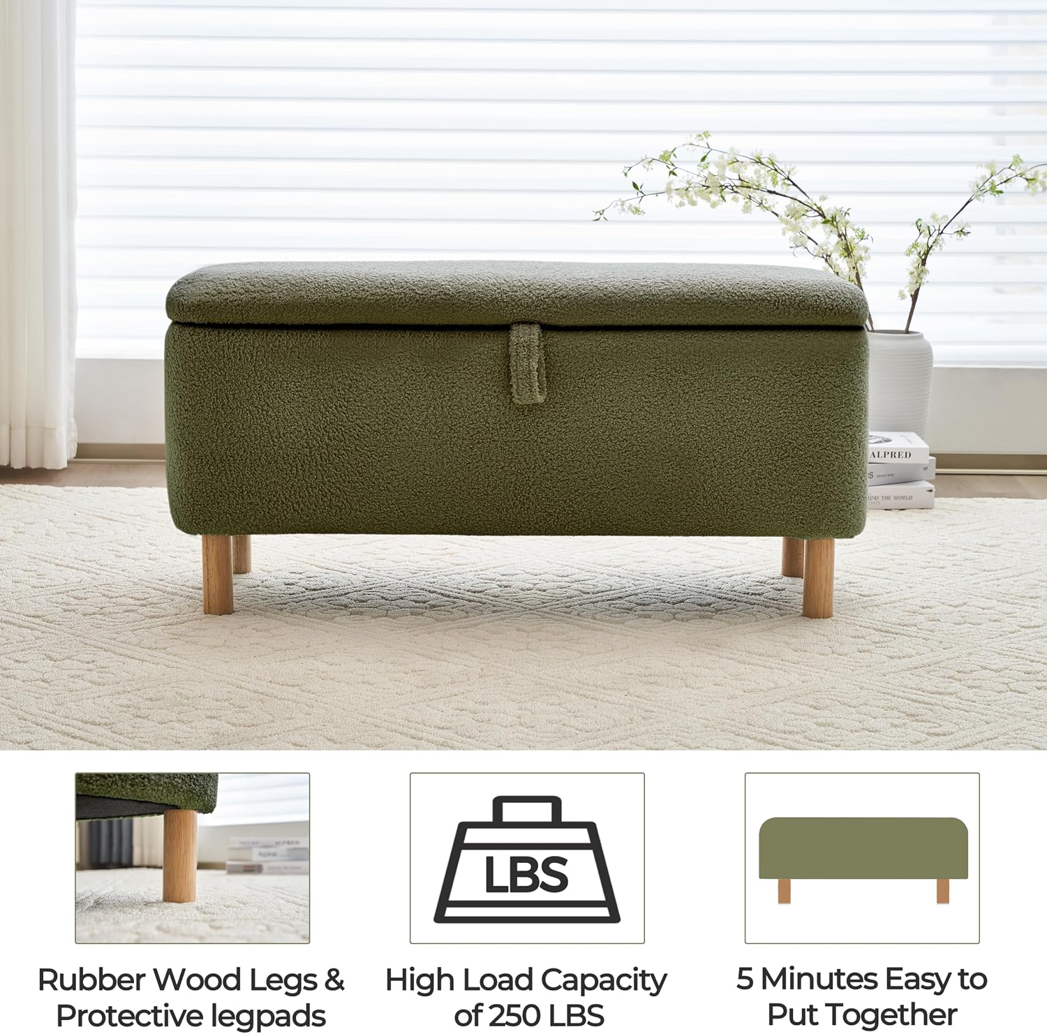 Boucle Storage Ottoman Bench for Bedroom end of Bed, Sherpa Upholstered Shoe Seat Storage Bench for Entryway Bed Foot, Rectangle Cushion Padded Blanket Chest Cute for Living Room, Blackish Green