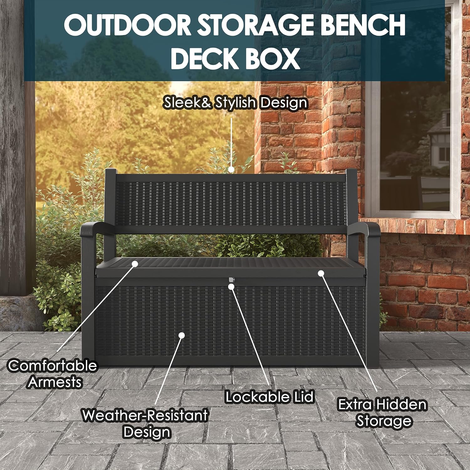 LHBGO 70 Gallon Storage Bench Deck Box for Patio Furniture with Armrest Bench Outdoor Storage