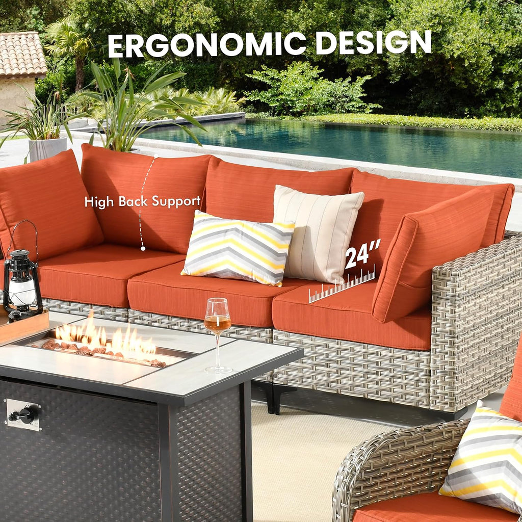 Outdoor Sectional Patio Furniture Set with Glowing Table,7 Pieces Wicker Conversation Sets L Shaped Couch Out Door Sofa Set Outside Furniture for Garden Deck Yard Porch,Orange Red