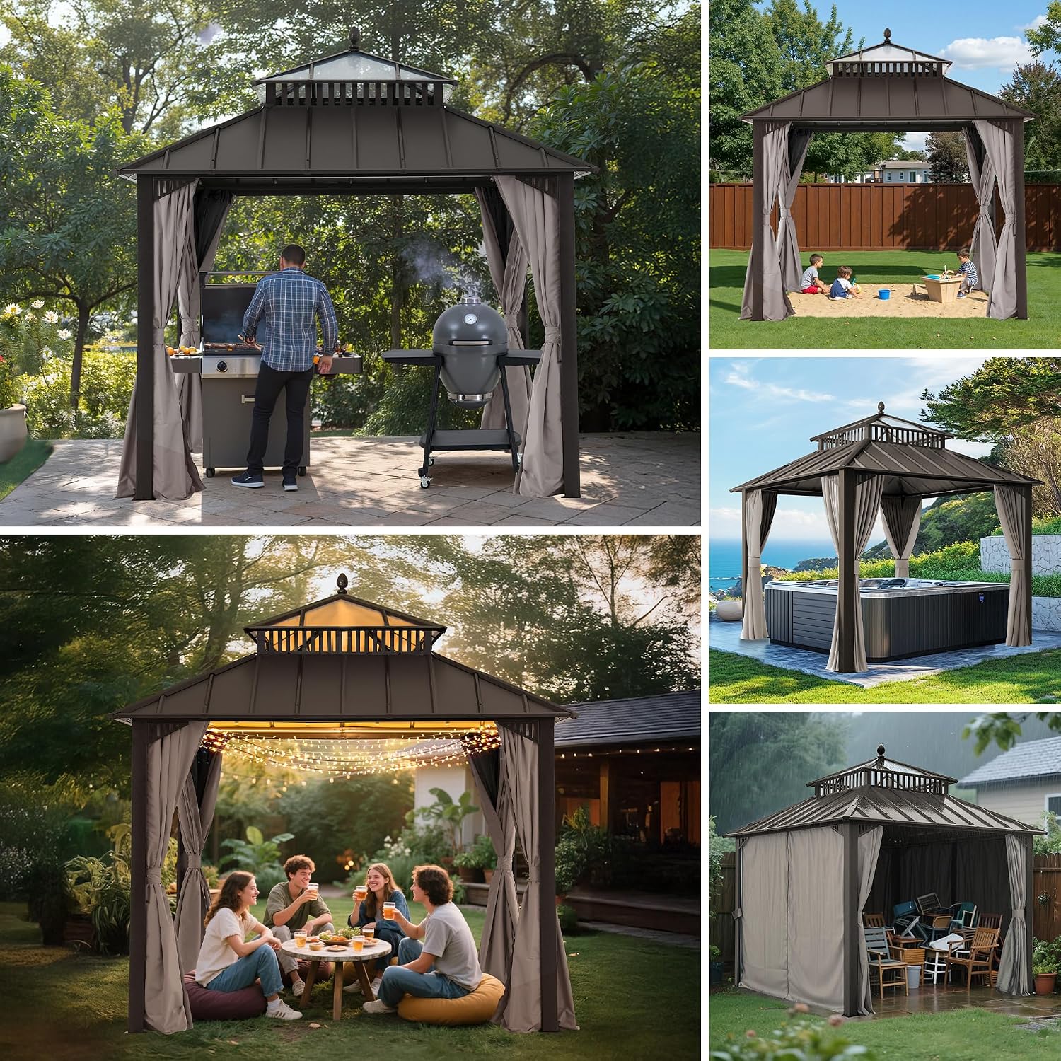 SUNJOY Kingston 10' x 10' Hardtop Gazebo with Galvanized Steel/Polycarbonate Double Roof, Curtain and Netting, Brown Aluminum Posts Permanent Pavilion Gazebo for Garden, Patio, Deck, Lawn
