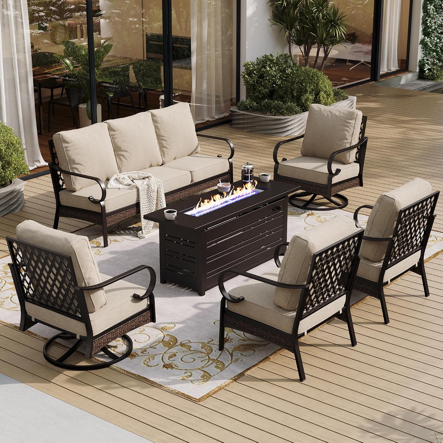 SUNSHINE VALLEY 6 Piece Metal Outdoor Patio Furniture Sets with Firepit Table, Patio Conversation Sets 1 3-Seater Sofa, 2 Leg Chair and 2 Swivel Chair with 5.75' Cushion for Backyard Deck, Beige