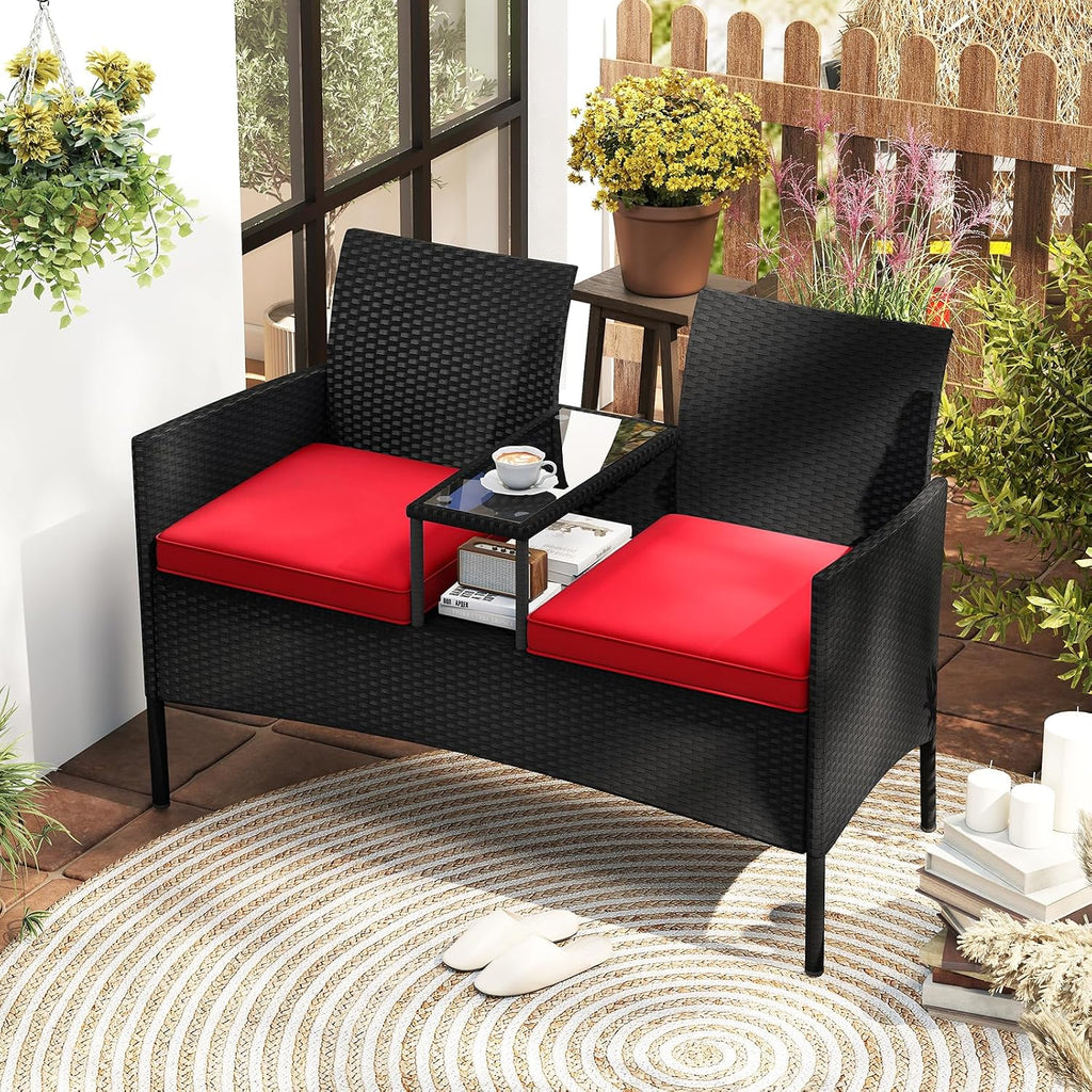 Tangkula Patio Loveseat with Built-in Table, Wicker 2-Seat Furniture with Soft Cushions & Tempered Glass Tabletop, Metal Frame Outdoor Conversation Seating Bench for Backyard, Porch