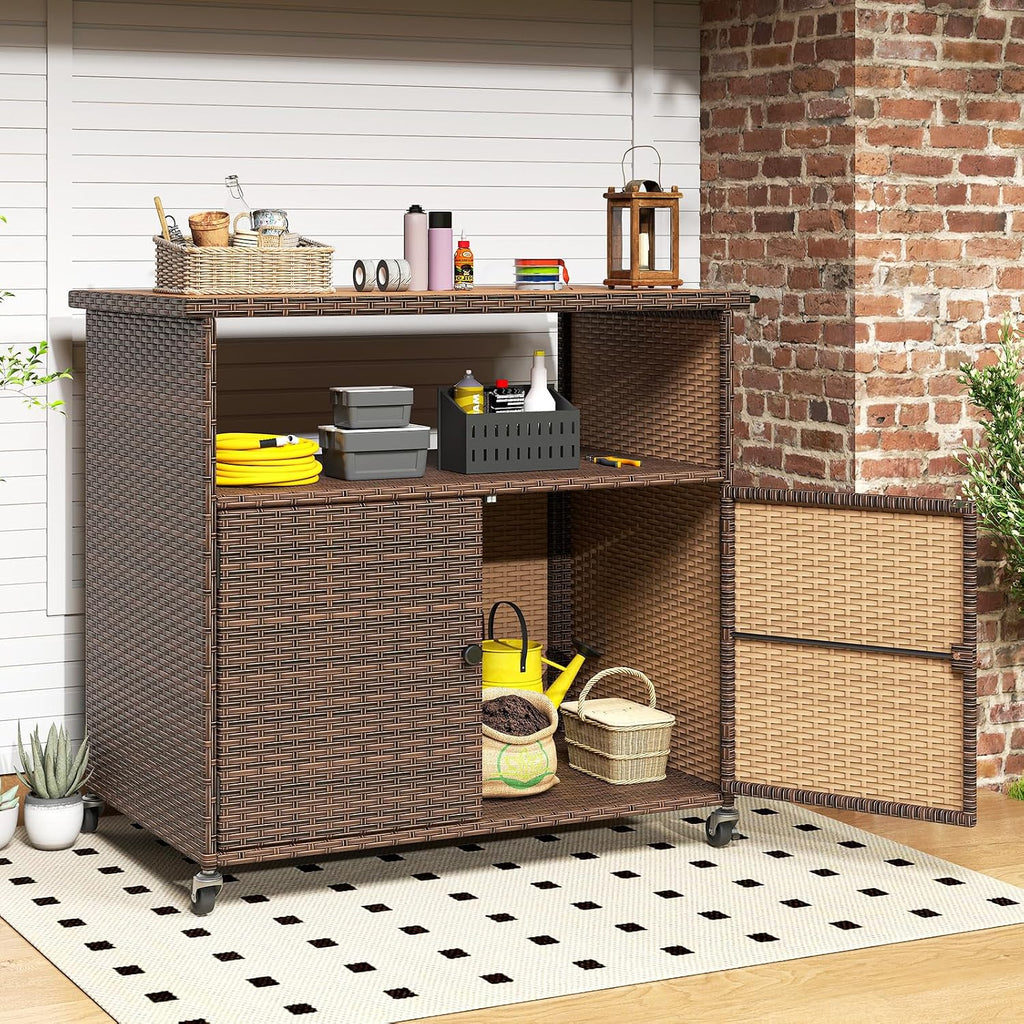 Tangkula Rattan Outdoor Storage Cabinet, Patiojoy PE Wicker Outdoor Cabinet with Acacia Wood Countertop, Open Compartment, Storage Shelf, Outdoor Bar with 4 Wheels for Garden Backyard Deck
