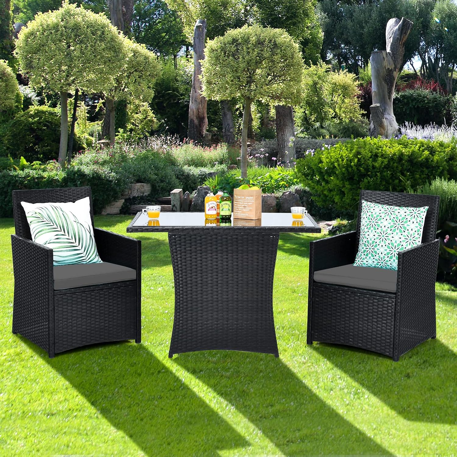 HAPPYGRILL 3 Piece Patio Furniture Set, Outdoor PE Rattan Wicker Bistro Set with Washable Cushions & Tempered Glass Table, for Backyard Porch Garden Balcony Poolside
