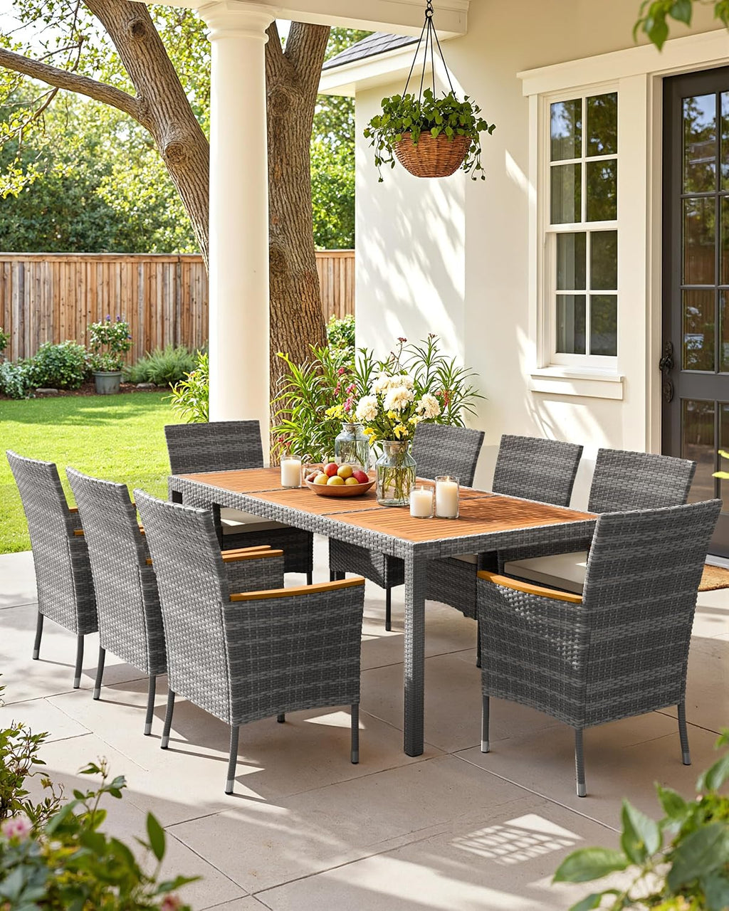 Flamaker 9 Piece Patio Dining Set Outdoor Acacia Wood Table and Chairs with Soft Cushions Wicker Patio Furniture for Deck, Backyard, Garden (Grey)