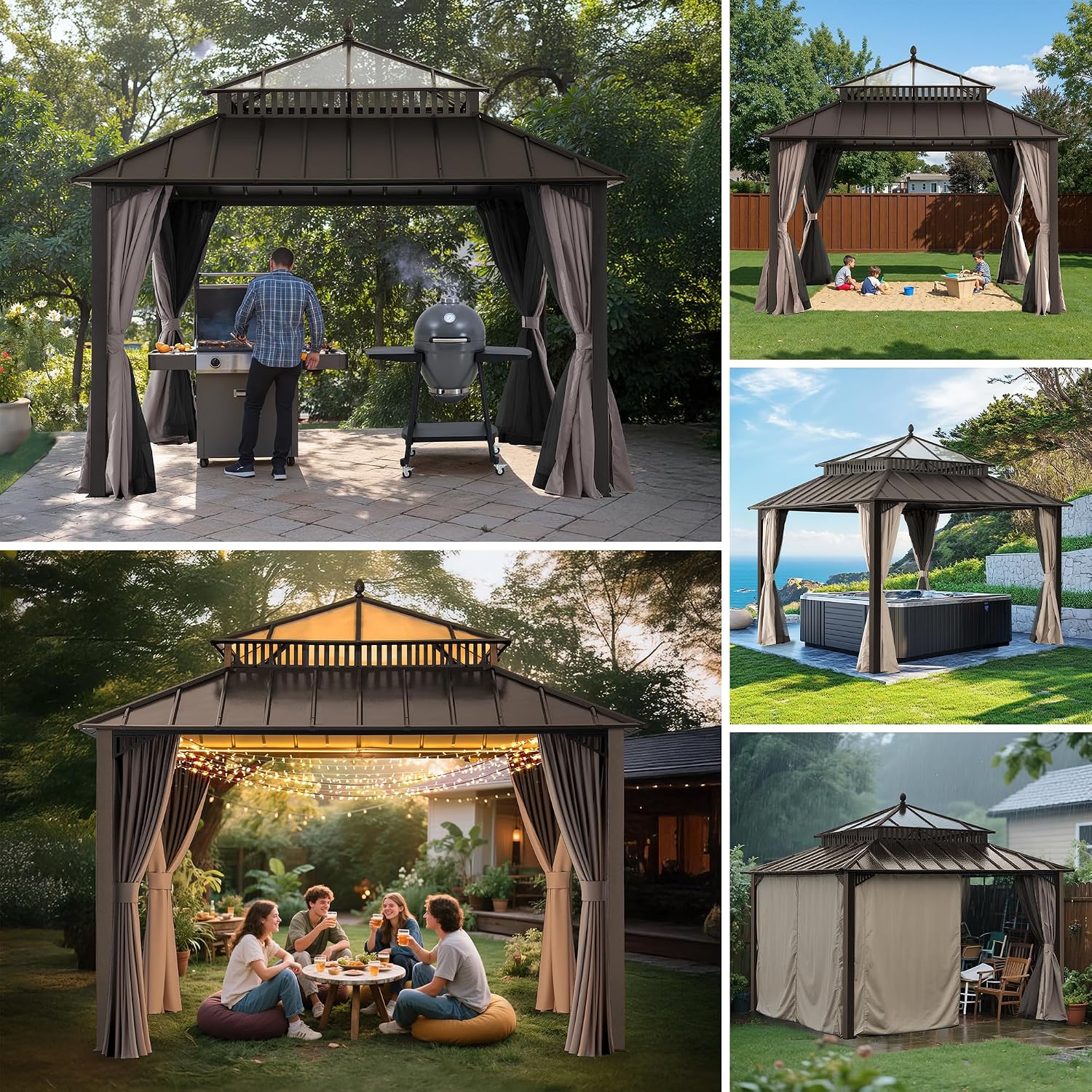SUNJOY Kingston 12' x 12' Hardtop Gazebo with Galvanized Steel/Polycarbonate Double Roof, Curtain and Netting, Brown Aluminum Posts Permanent Pavilion Gazebo for Garden, Patio, Deck, Lawn