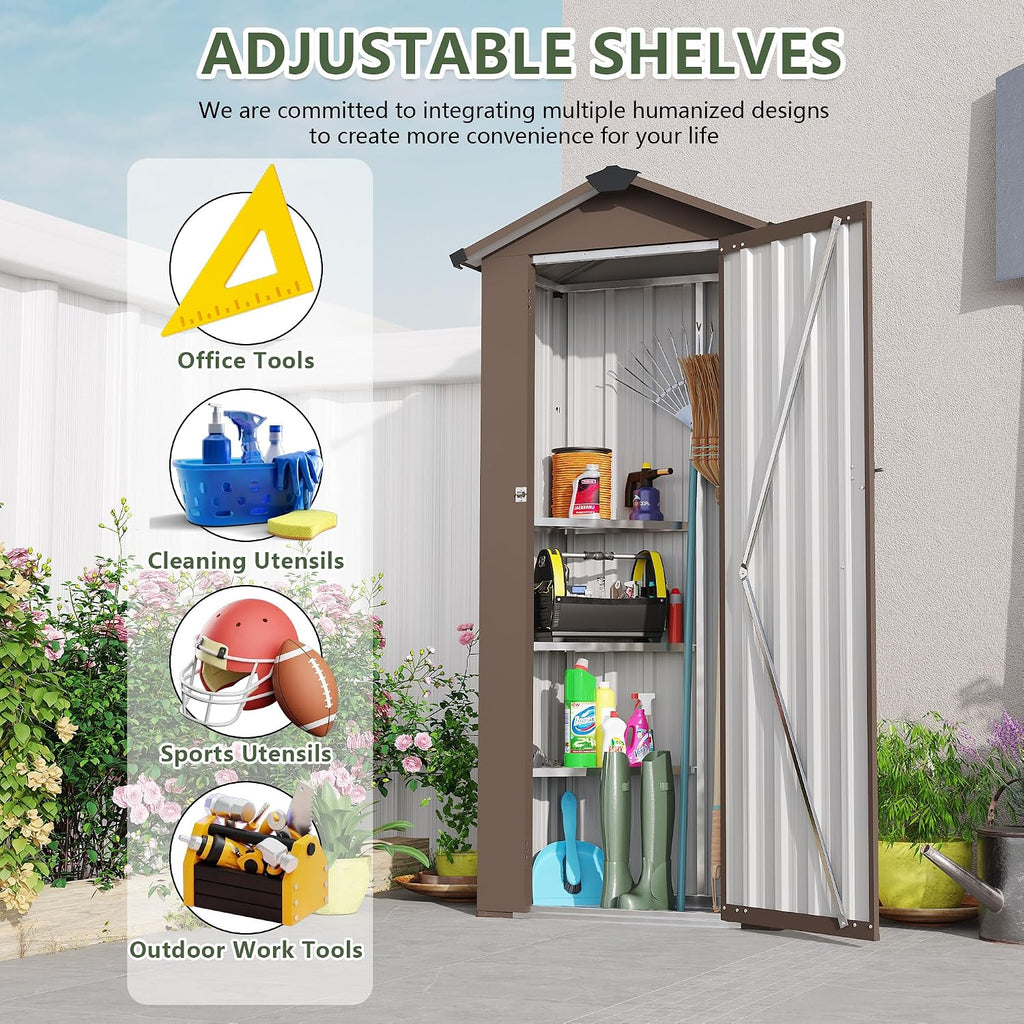 KEIKI Small Outdoor Storage Shed 2.5' x 1.4', Metal Lockable Tool Cabinet with Sloping Roof, Waterproof Vertical Garden Storage for Patio Backyard Lawn, Brown