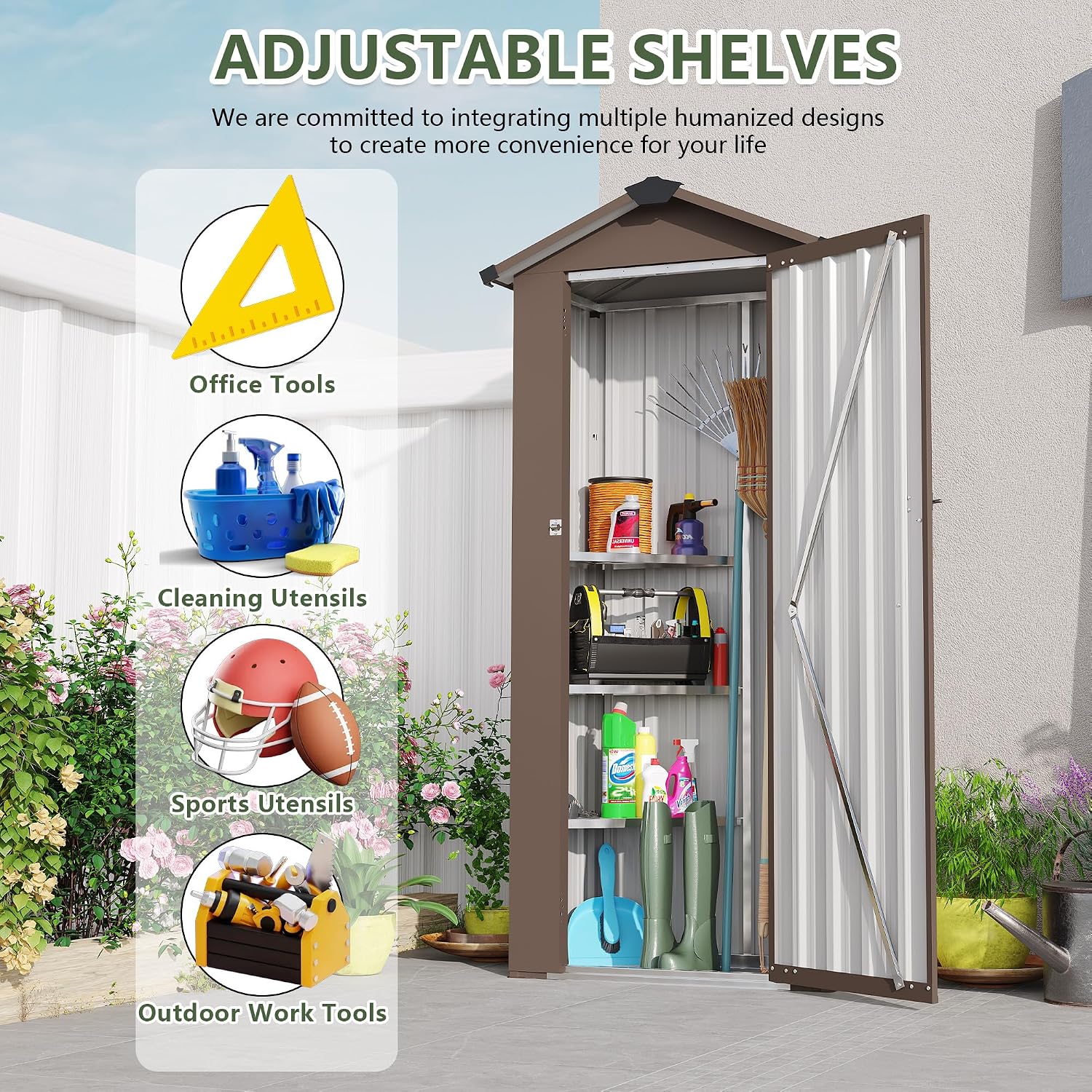 KEIKI Small Outdoor Storage Shed 2.5' x 1.4', Metal Lockable Tool Cabinet with Sloping Roof, Waterproof Vertical Garden Storage for Patio Backyard Lawn, Brown