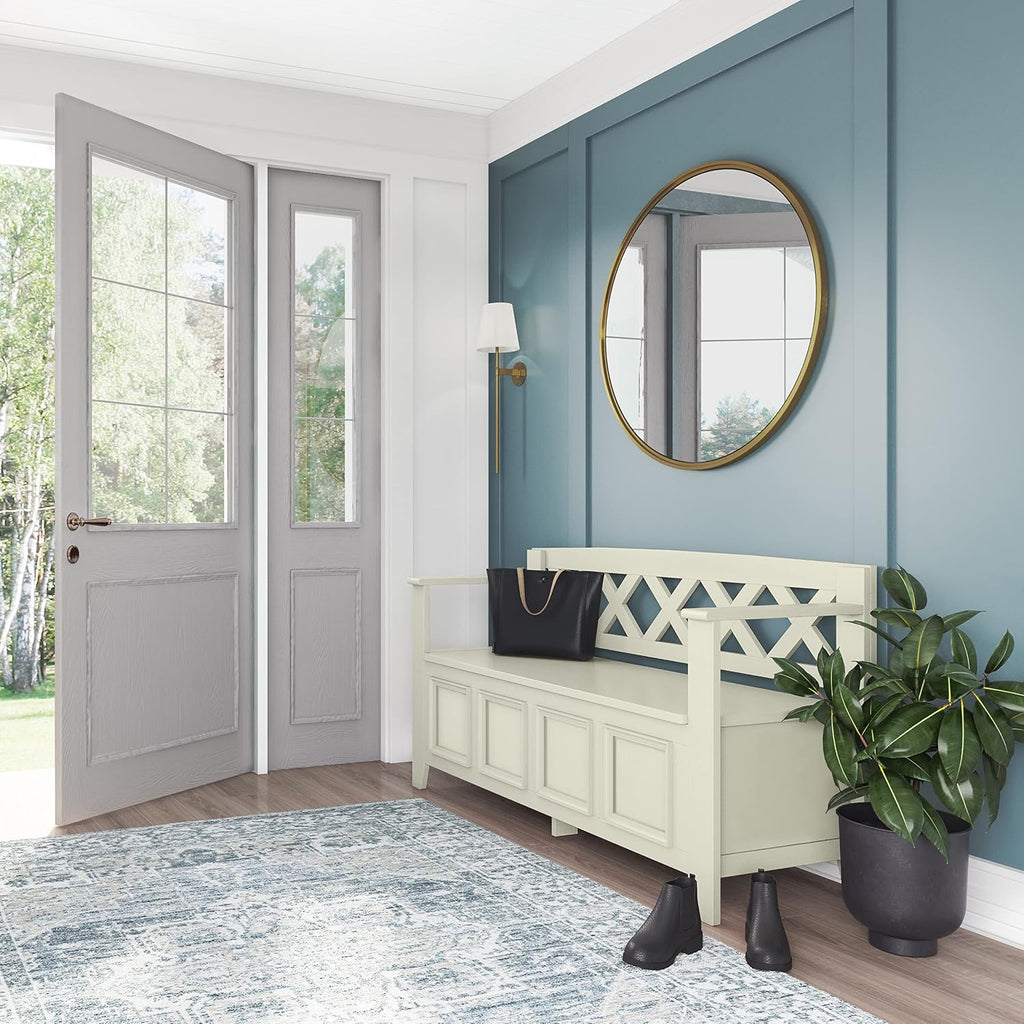 SIMPLIHOME Amherst Entryway Storage Bench - 48 inch Wide Solid Wood Hallway Seat in Antique White, Transitional Bench for Entryway or Living Room with Lift-Up Lid and Spacious Storage