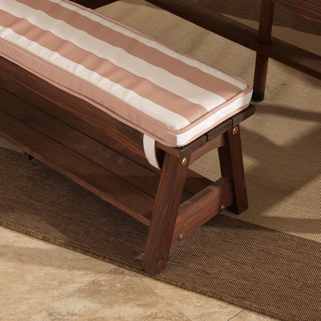 KidKraft Outdoor Wooden Table & Bench Set with Cushions and Umbrella, Kids Backyard Furniture, Espresso with Oatmeal and White Stripe Fabric
