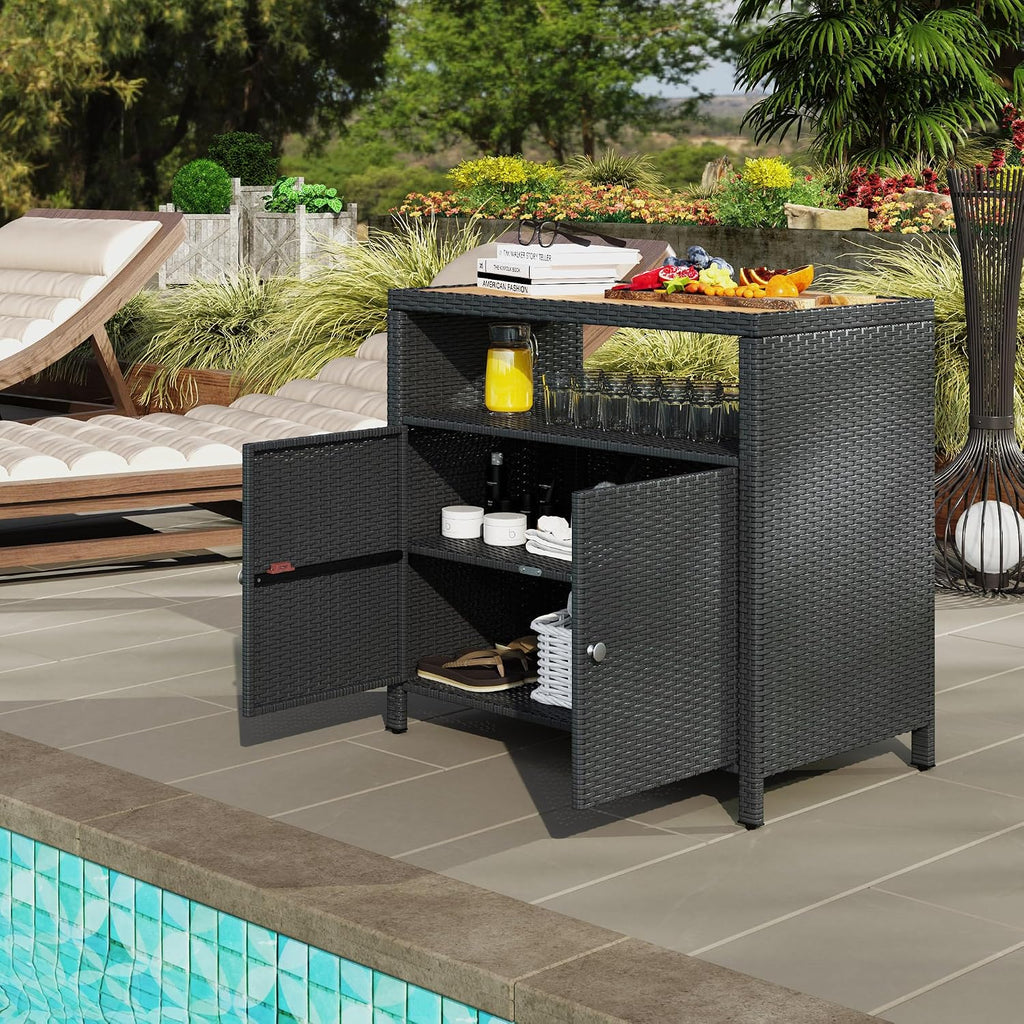 Outsunny Wicker Outdoor Storage Cabinet, Rattan Bar Table with Acacia Wood Countertop, 2 Doors and Shelf, Buffet Cabinet Sideboard for Poolside, Garden, Patio, Backyard, Black
