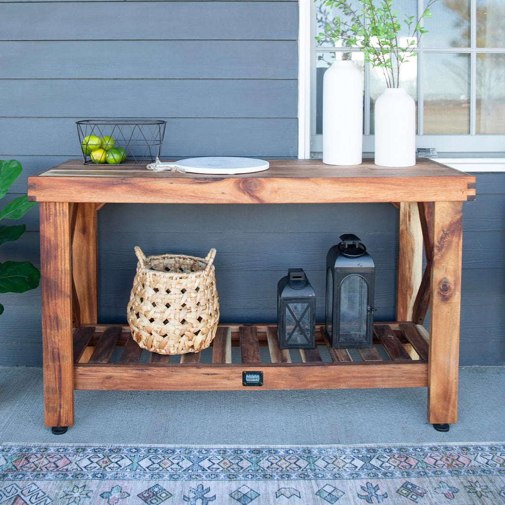 Backyard Discovery 48' Acacia Wood Farmhouse Narrow Console Table with Lower Slat Storage Shelf, Water-Resistant Design for Patio, Deck, Entryway, Living Room, Sofa Table, Indoor or Outdoor Use