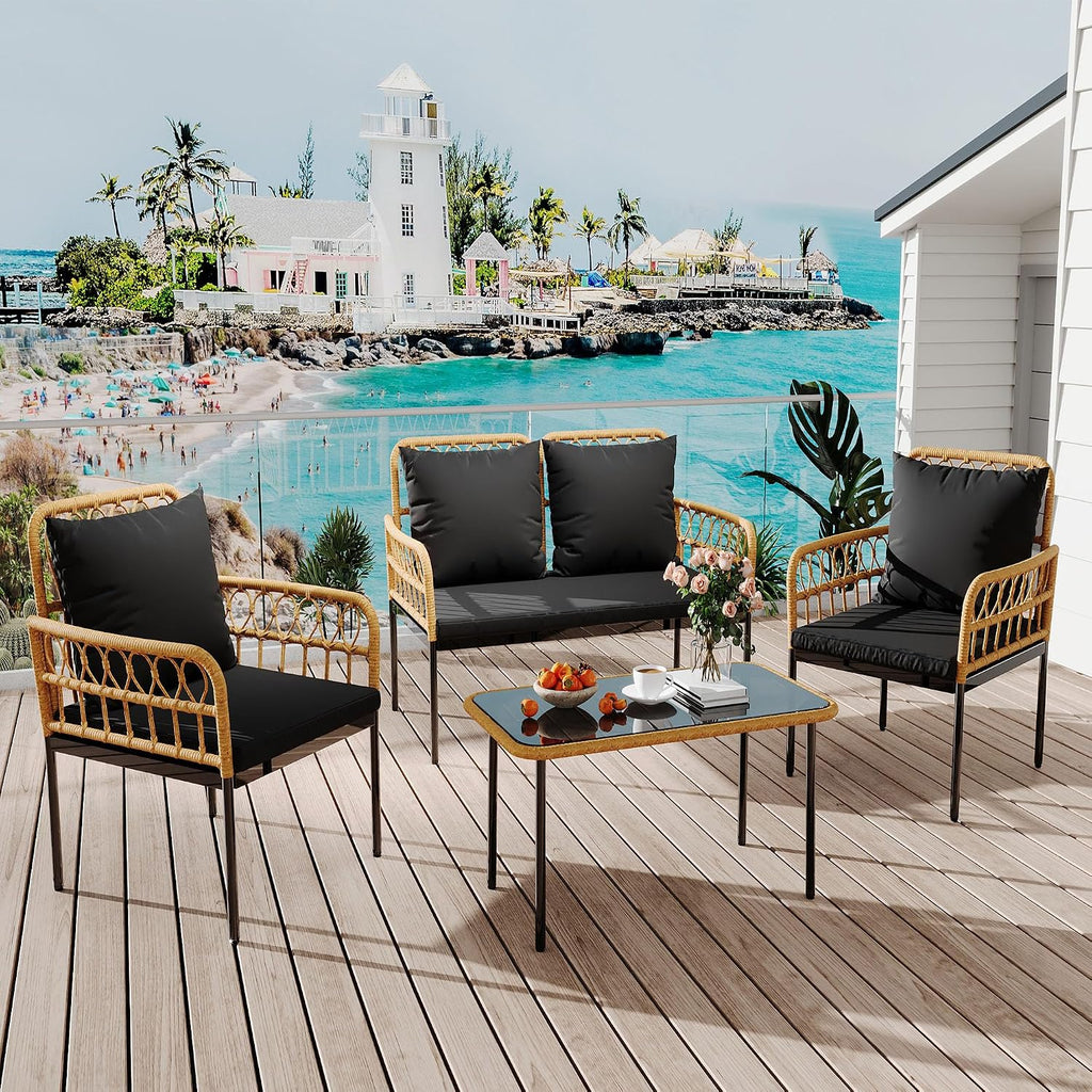 4 Pieces Outdoor Patio Furniture Set with Table - Rattan Balcony Furniture for Porch or Deck, Includes Chaise Lounge, 2 Armchairs with Cushions and Pillows for Porch Backyard Lawn Poolside Deck, Black