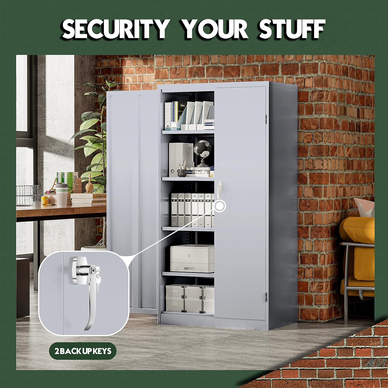 Greenvelly Metal Storage Cabinet, 72' Lockable Metal Garage Storage Cabinet with Doors and 4 Adjustable Shelves, Locking Steel Cabinet for Home Office, Garage, Shop, School (Dark Grey 36' W x 18' D)