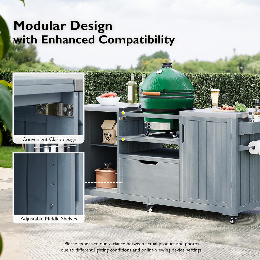 66.5' Outdoor Kitchen Island with Stainless Steel Top for Big Green Egg, Rolling Grill Cart with Adjustable Shelves, Lockable Wheels, Outdoor Table and Bar Storage Cabinet for Patio