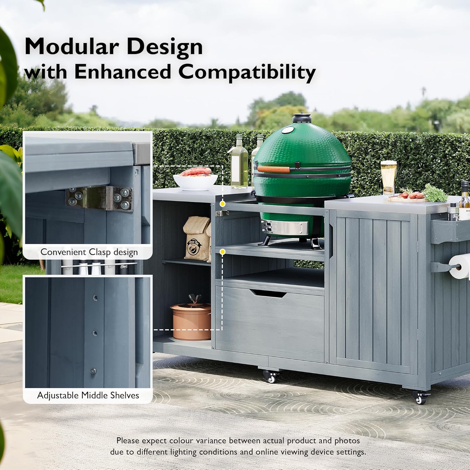 66.5' Outdoor Kitchen Island with Stainless Steel Top for Big Green Egg, Rolling Grill Cart with Adjustable Shelves, Lockable Wheels, Outdoor Table and Bar Storage Cabinet for Patio