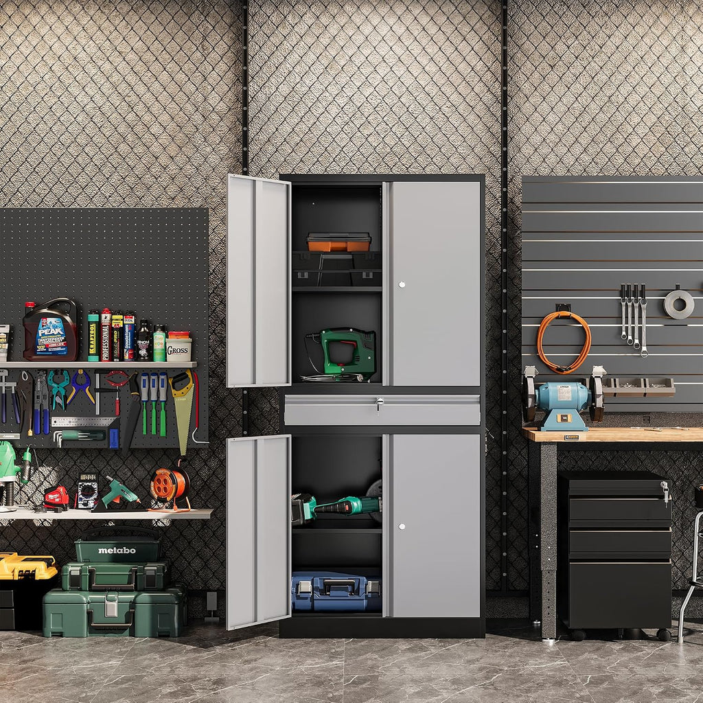 Metal Garage Storage Cabinet, 71' Lockable Storage Cabinet with 2 Adjustable Shelves and 1 Drawer for Garage, Utility Room, Warehouse (Black Grey)