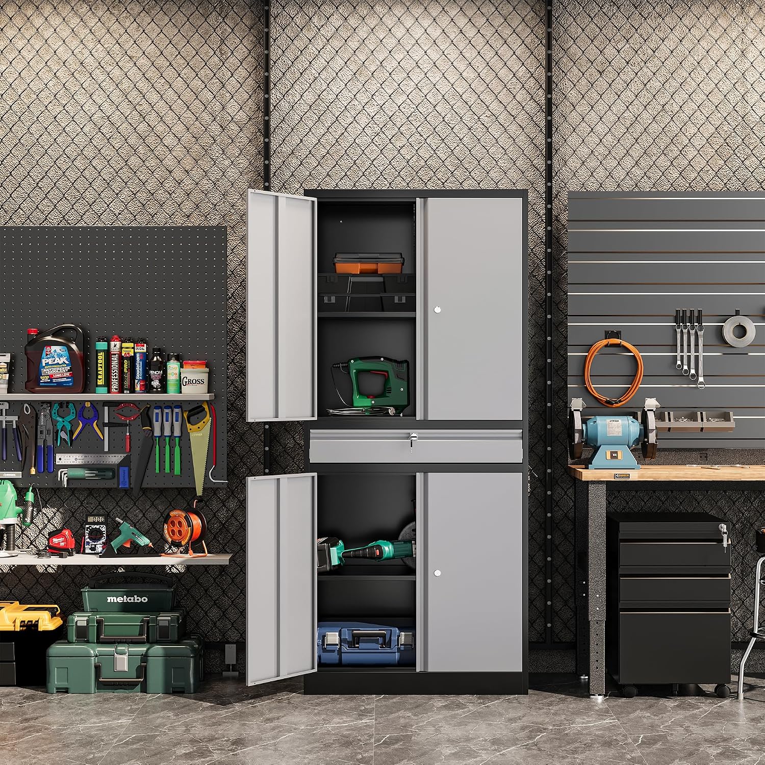 Metal Garage Storage Cabinet, 71' Lockable Storage Cabinet with 2 Adjustable Shelves and 1 Drawer for Garage, Utility Room, Warehouse (Black Grey)