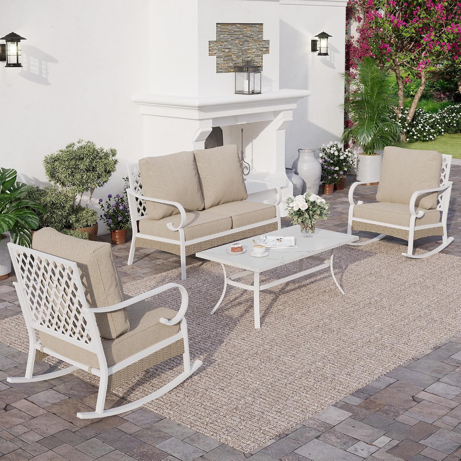 SUNSHINE VALLEY 4 Piece Metal Outdoor Patio Furniture Sets, Patio Conversation Sets 1 2-Seater Sofa, 2 Single Sofa with 5.75' Thick Cushion and Coffee Table, White Frame Backyard Furniture, Beige