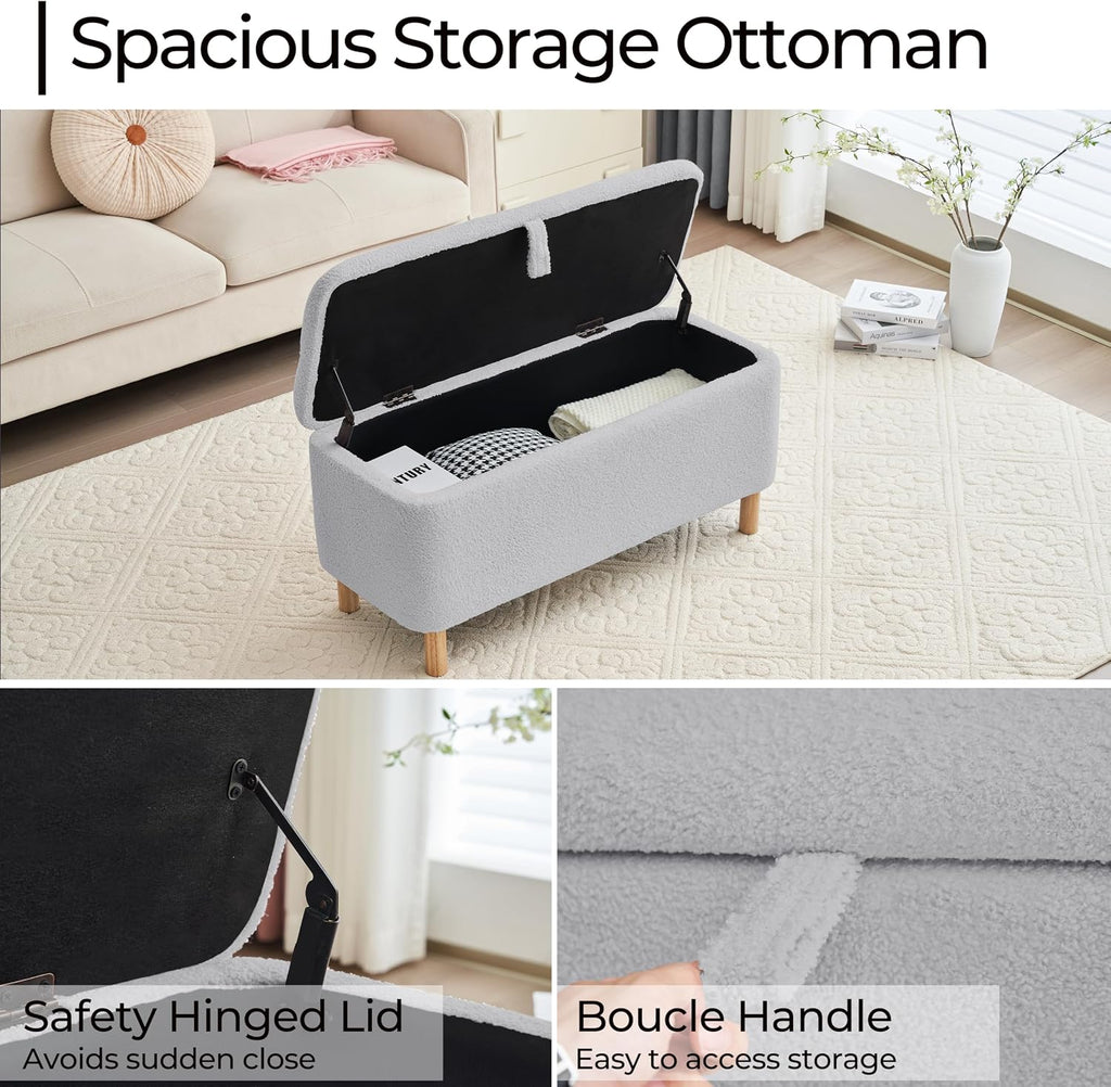 Boucle Storage Ottoman Bench for Bedroom end of Bed, Sherpa Upholstered Shoe Seat Storage Bench for Entryway Bed Foot, Rectangle Cushion Padded Blanket Chest Cute for Living Room, Grey