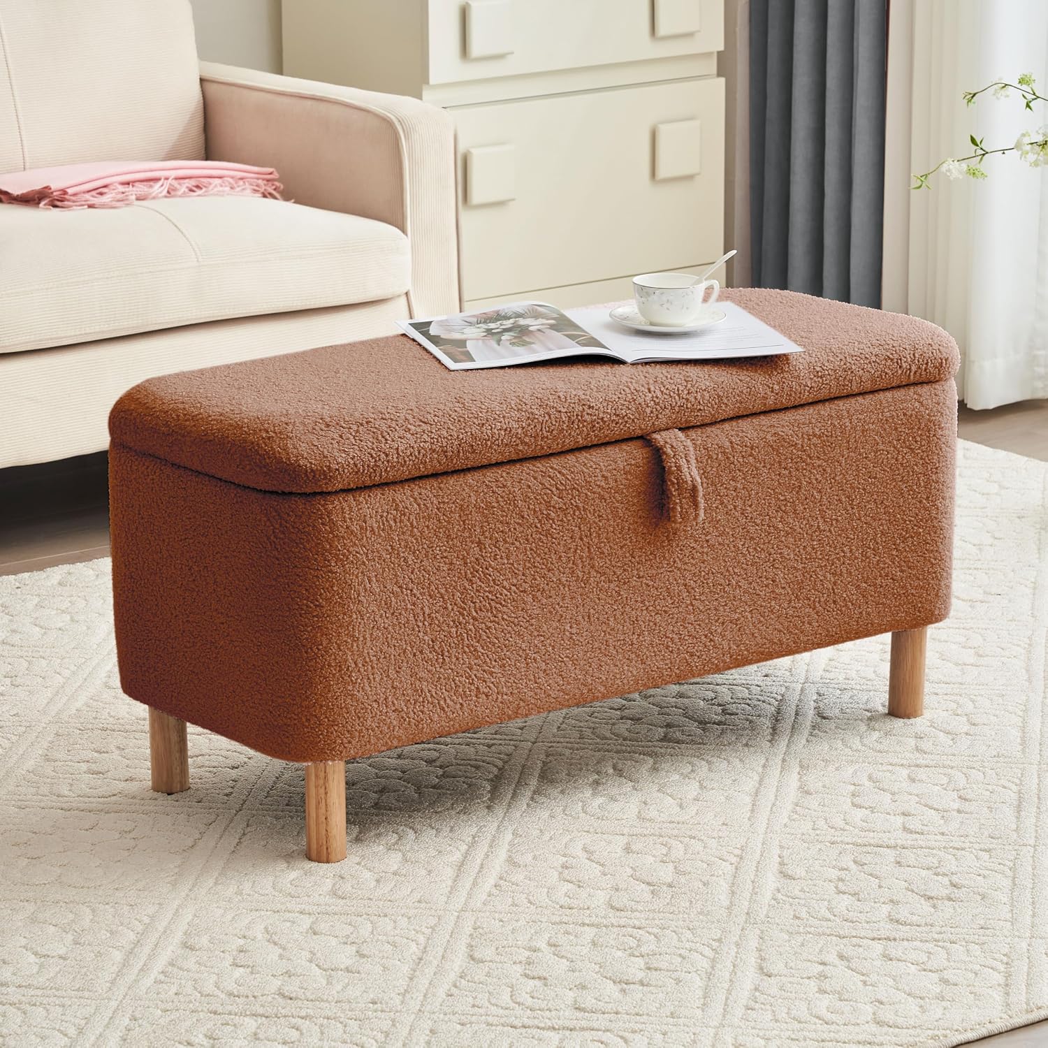 Boucle Storage Ottoman Bench for Bedroom end of Bed, Sherpa Upholstered Shoe Seat Storage Bench for Entryway Bed Foot, Rectangle Cushion Padded Blanket Chest Cute for Living Room, Burnt Orange